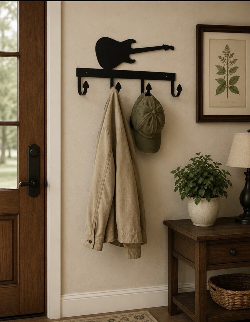 Vtg 4 Hook Guitar Coat Hat Towel Wall Mounted Rack Black Metal Decor